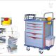 "HF2204 Emergency Trolley with multiple drawers and compartments for medical equipment and supplies.